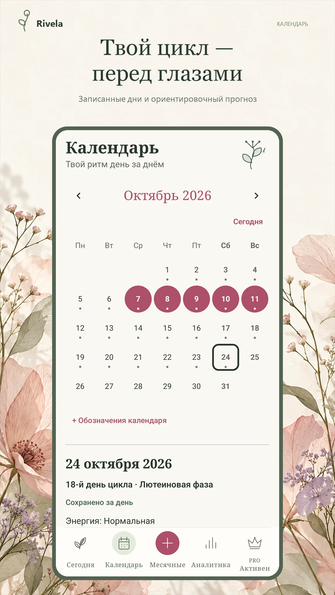 Календарь: сохранённые дни месячных, ежедневные отметки и ориентировочный прогноз