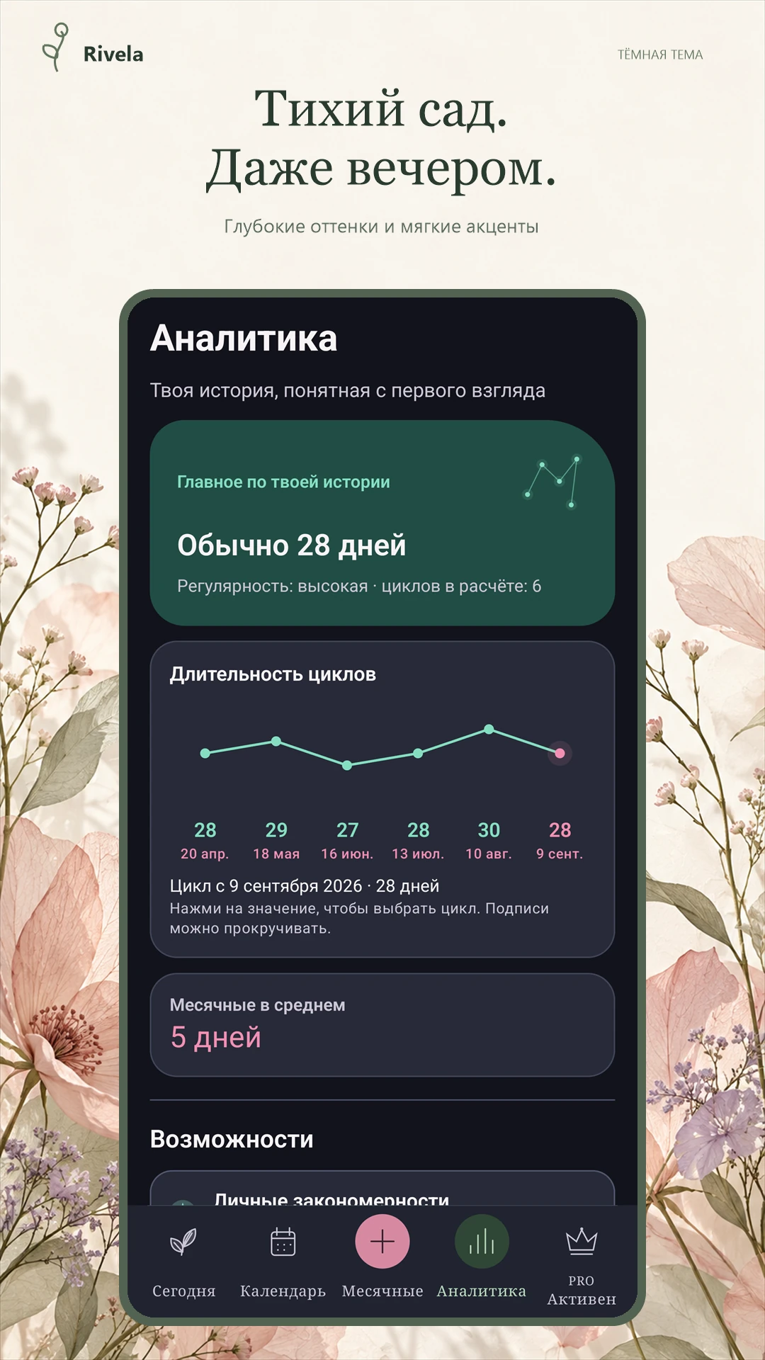 Аналитика Rivela в тёмной теме: глубокие оттенки и мягкие акценты
